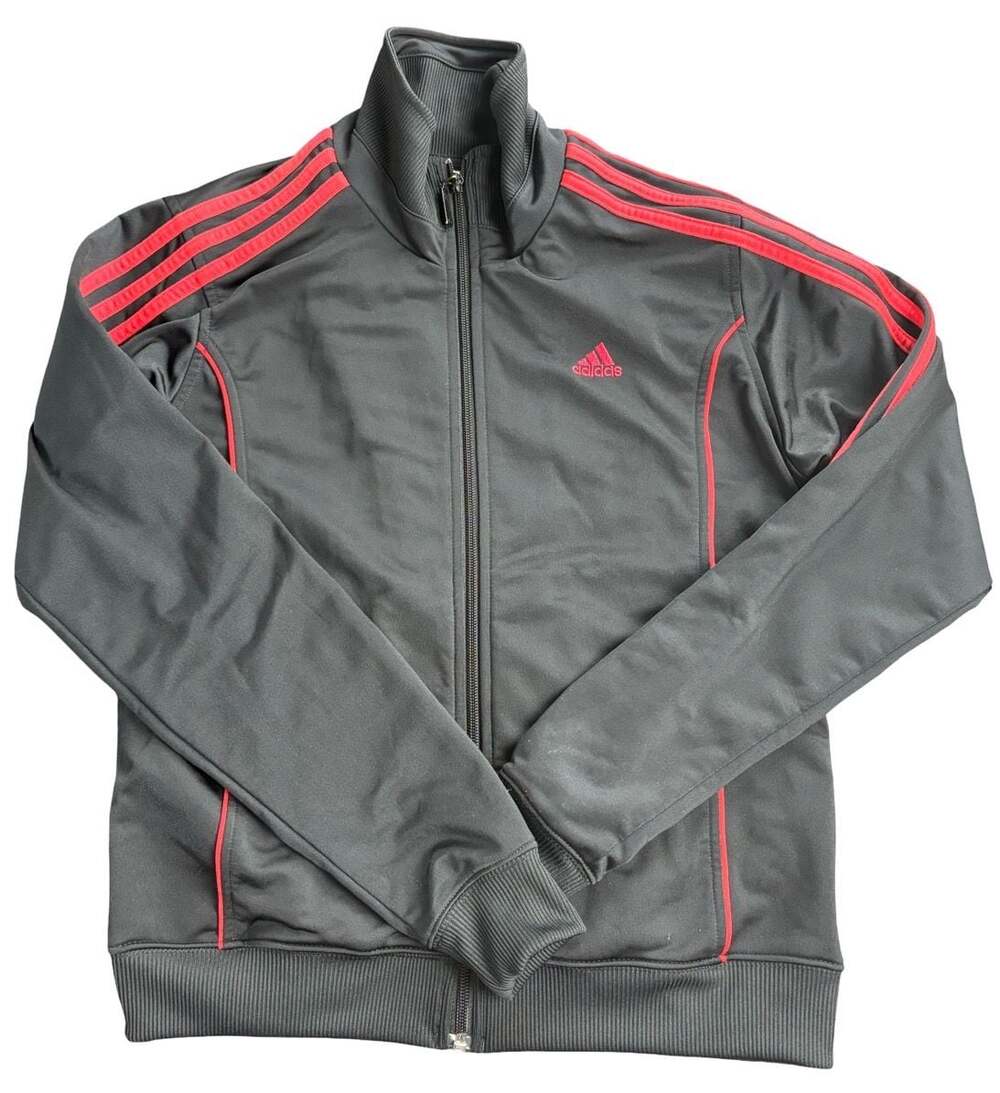 Adidas Women’s Small Black Red 3 Stripe Full Zip Track Jacket Athletic Y2K